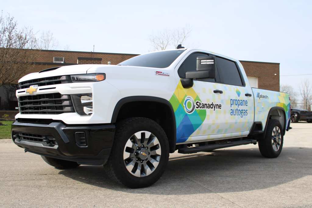 Truck with Propane Autogas, Stanadyne, and Katech logos